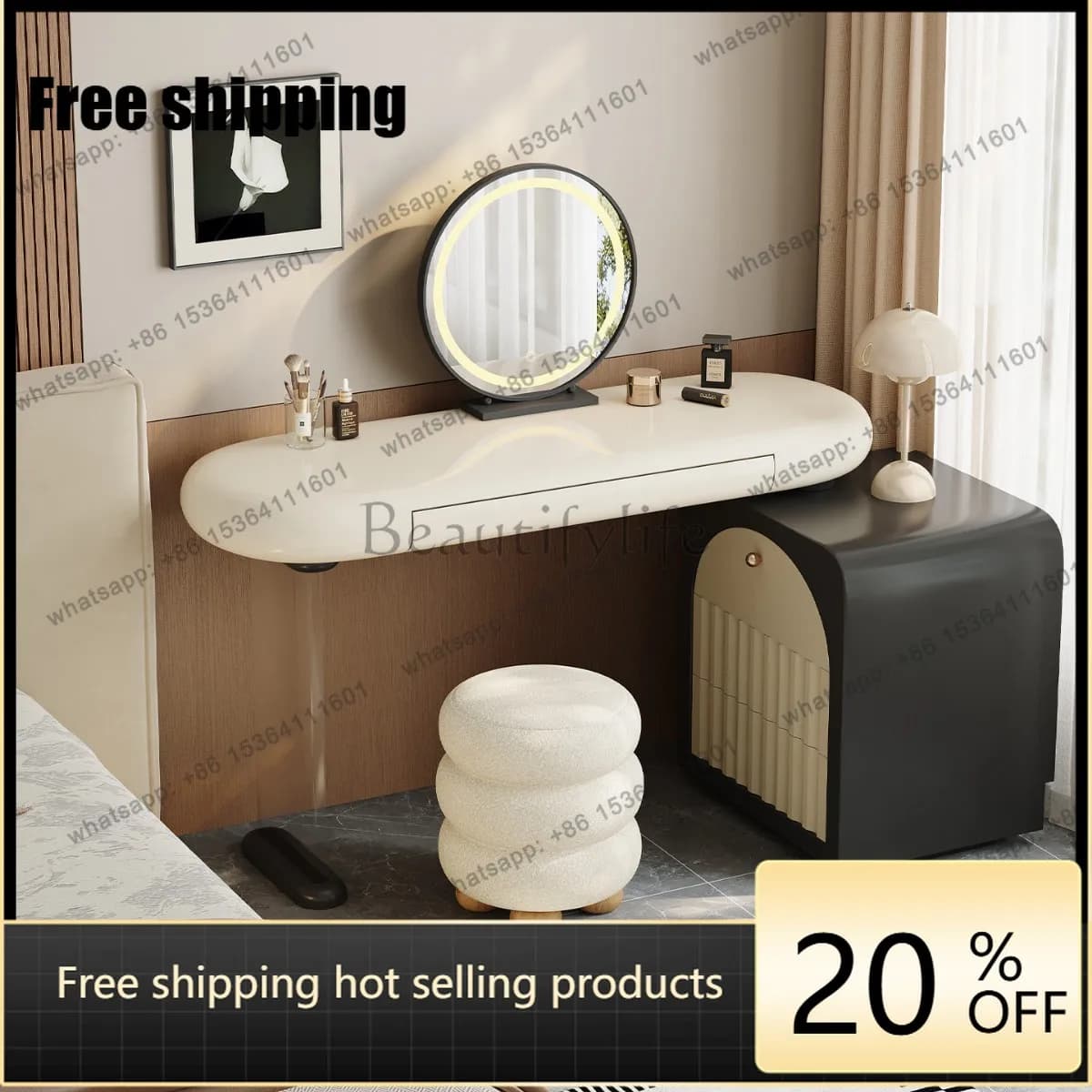 LD25 minimalist cream style dresser chest cabinet integrated small apartment solid wood makeup table