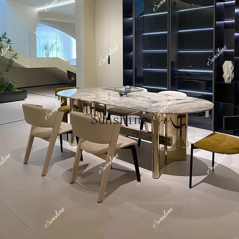 Italian simple home restaurant oval natural luxury stone dining table and chair combination  FT