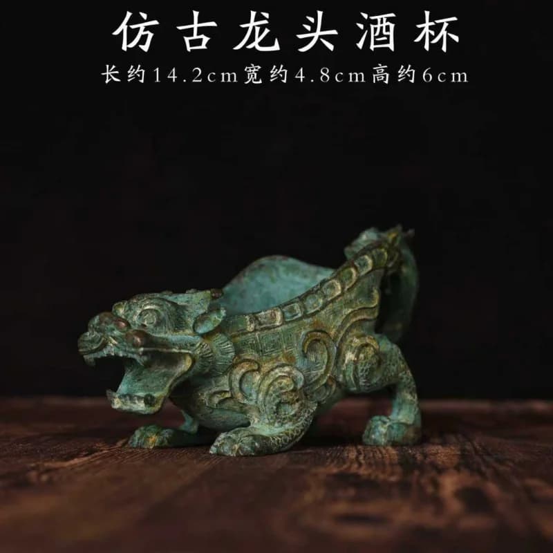 Antiqued ceramic dragon head wine cup ornament, vintage home decor for collection, suitable for study and office, green rust pat