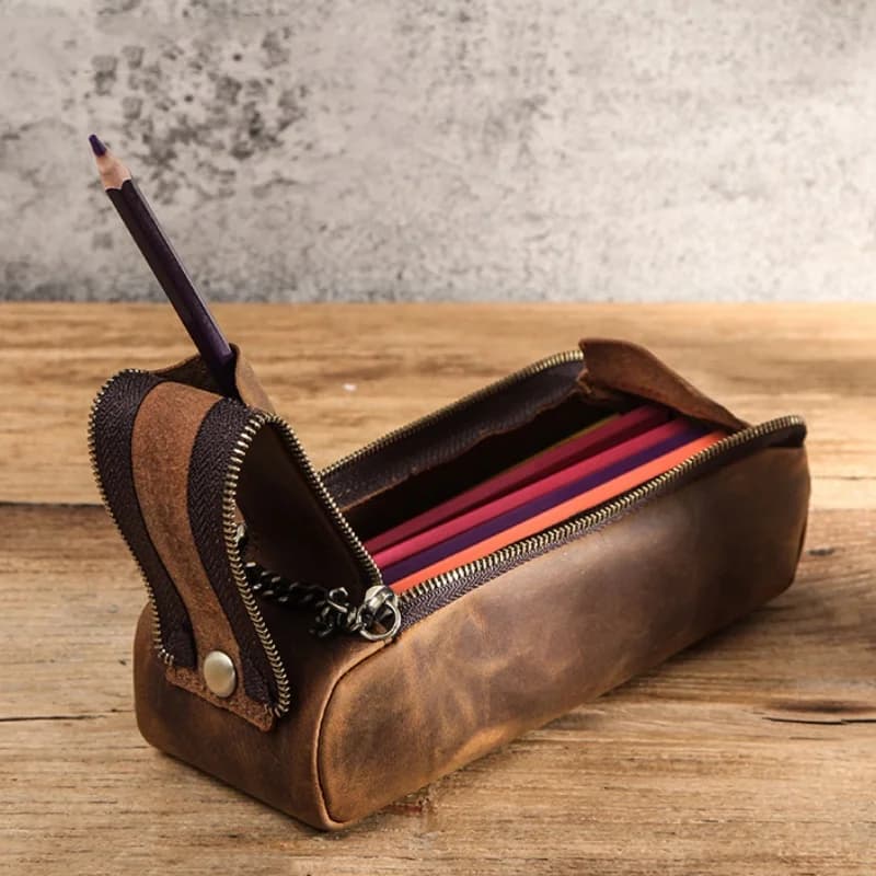 【Hot】Genuine Leather Pencil Case Handheld Double Zipper Large Capacity Retro Pencil Box Vintage Style Portable Stationery Bag