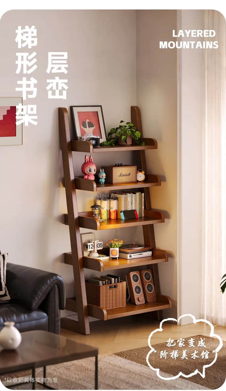 5 Tier Trapezoidal Ladder Bookshelf Freestanding Open Wooden Storage Rack Corner Display Shelf For Bedroom Kids Room Living Room