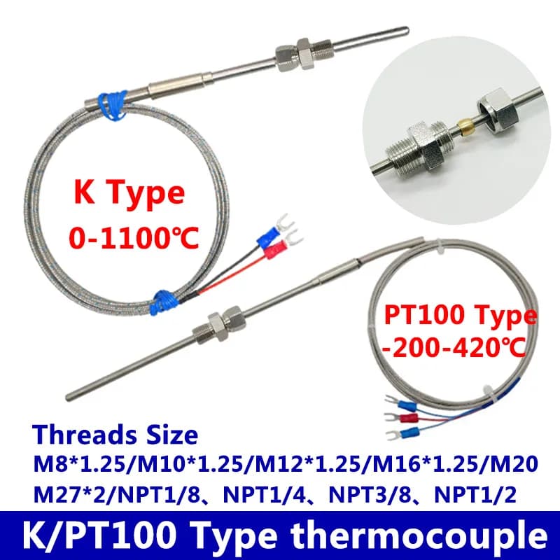 1100 Degree K/PT100 Type Ungrounded 1mm-6mm/Threads Size M8*1.25/M10*1.25 Controller Sheathed Thermocouple Temperature Sensor