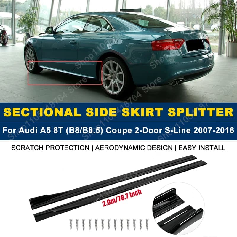 Side Skirts Extension Rocker Panel Splitter For Audi A5 8T (B8 B8.5) Coupe 2-Door S-Line 2007-2016 2M 78.7" ABS Plastic Body Kit