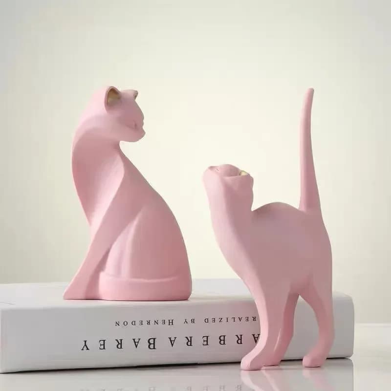 Resin Creative Curious Cat Sculpture Adorable Tail-Up Kitty Home Decor Figurine,White and Pink Modern Home Shelf Desk Decor