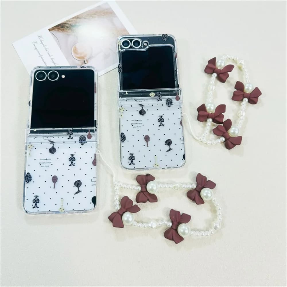 Vintage Abstract Polka Dot Print Phone Case for Samsung Galaxy Z Flip 7-3 Burgundy Pearl Bow Pearl Bead Strap Protective Cover