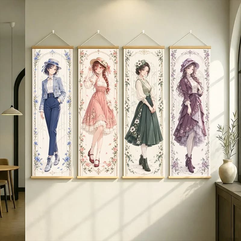 Anime Women in a Navy Suit and Peach, Green and Purple Dresses Wall Scroll with Delicate Floral Borders for a Reading Nook
