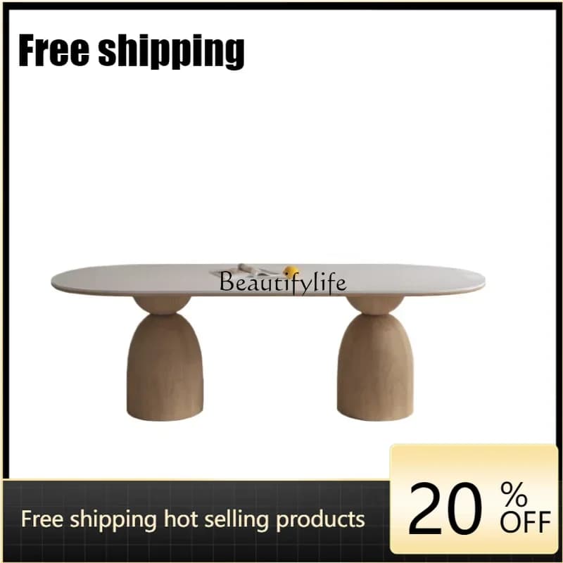 X4 Solid Wood Stone Plate Dining Table Household Restaurant Villa Long Log Cream Style Oval Workbench