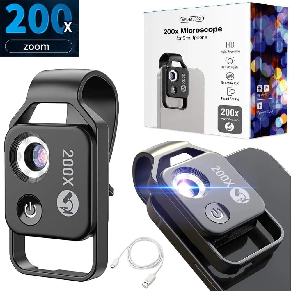200X Phone Microscope with CPL Lens/LED Light/Universal Clip for IPhone/Android Phone To Enjoy Microworld for Kids and Adults