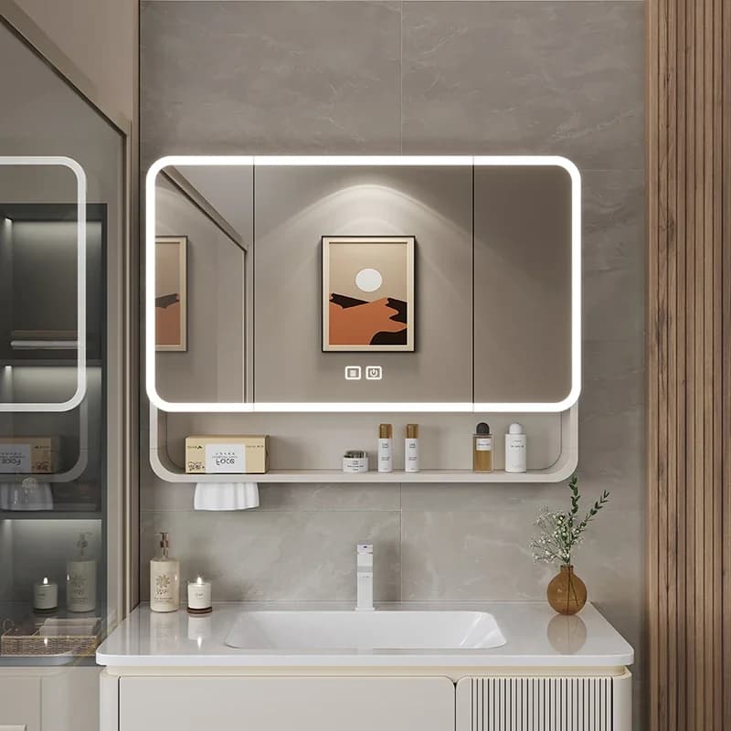 Space Aluminum Arc Bathroom Mirror Cabinet Wall-Mounted Light Locker Mirror Box Storage for Bathrooms