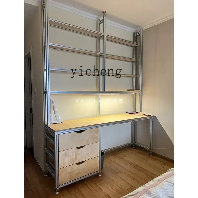 W5.14 Aluminum Frame Bookshelf with Cabinet Computer Storage Writing Desk for Small Spaces