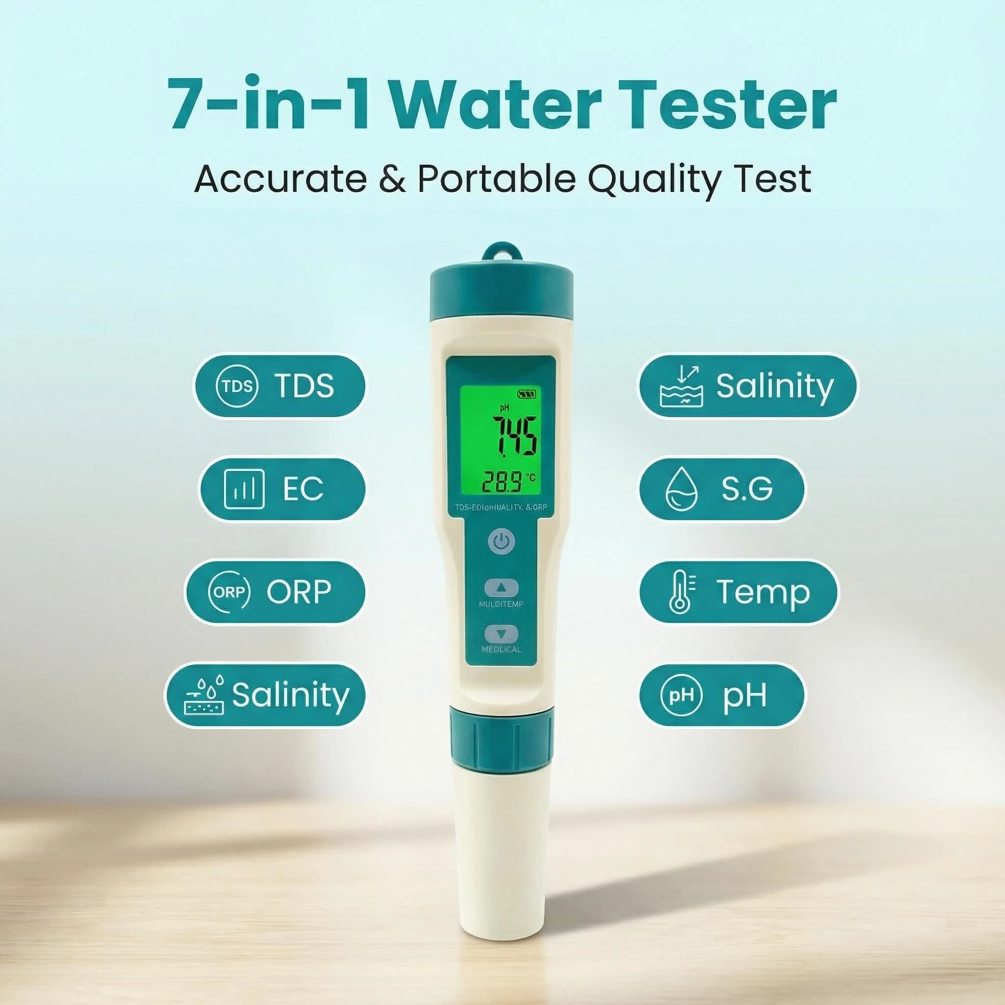7 in 1 TDS/EC/ORP/Salinity/S.G/Temperature PH Meter Digital Water Quality Tester Pen TDS Meter for Drinking Water Aquariums With