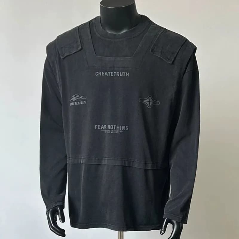 Spring Autumn Plus Size Fake Two Piece Workwear Long Sleeved T-shirt for Men Niche Hip Hop Functional Style Foldable Loose Tops