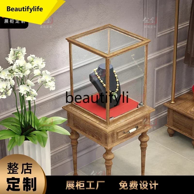 Q181  Vintage Solid Wood Retro Jewelry Display Cabinet Jade Glass Cabinet Product Display Cabinet