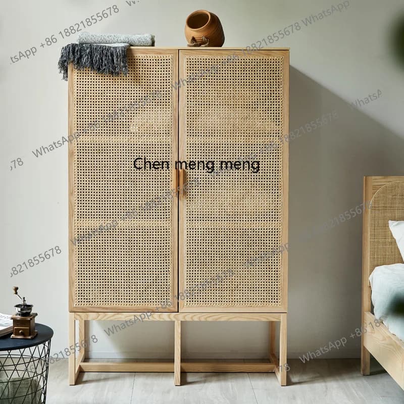 Wabi Sandy Wind Solid Wood Rattan Dining Side Cabinet Home Living Room Vintage Storage Bedroom Clothes Storage Cabinet