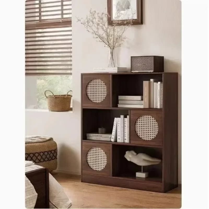 Solid Wood Rattan Door Bookcase Floor-to-wall Locker Modern Simple Home Combination Bookshelf Lattice Cabinetn29