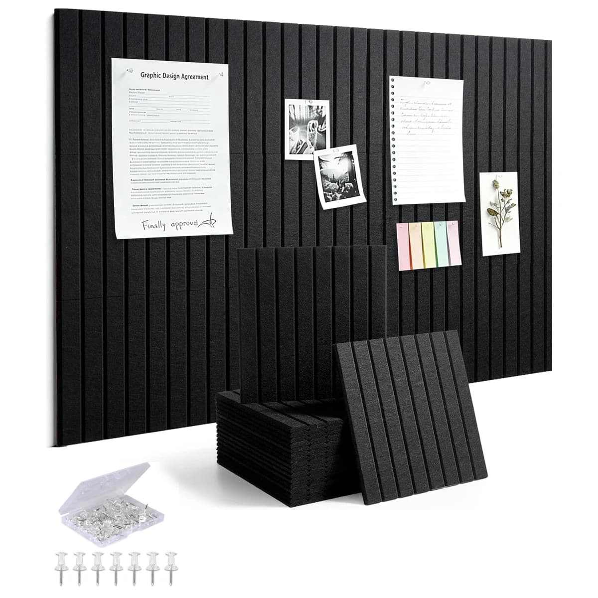 6PCS+35PCS Pushpins Soundproof Acoustic Felt Wall Panels Decorative 24x24CM Bulletin Cork Tiles Pin Boards Tiles for Home Decor