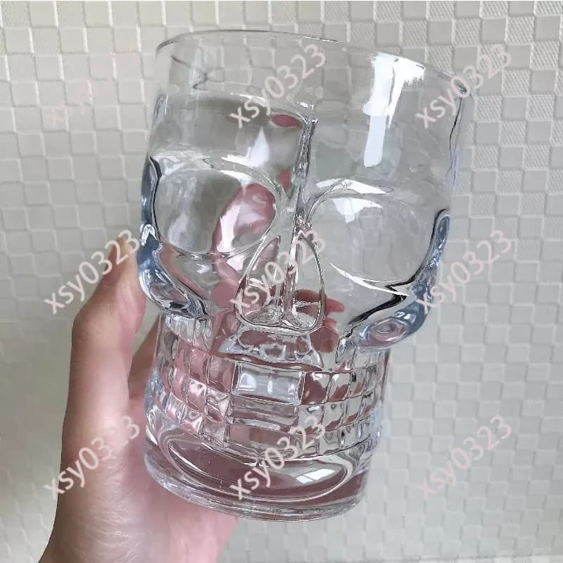 Skull Pattern Tempered Glass Mug with Handle, Transparent Cup for Beer Tea Drink