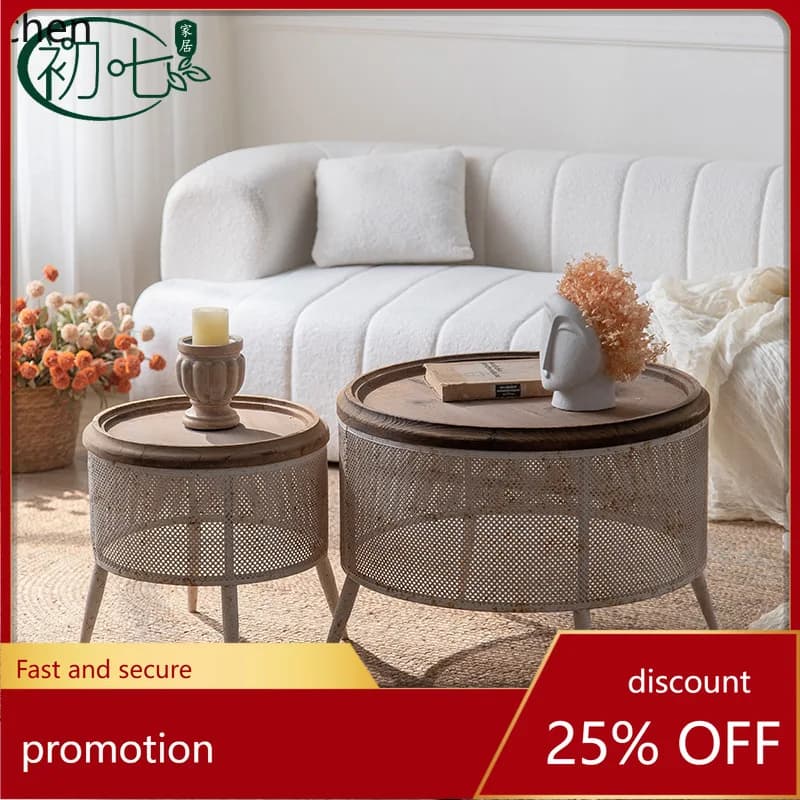 HXL Iron Side Table Exhibition Hall Decoration Small Round Table Solid Wood Round Coffee Table
