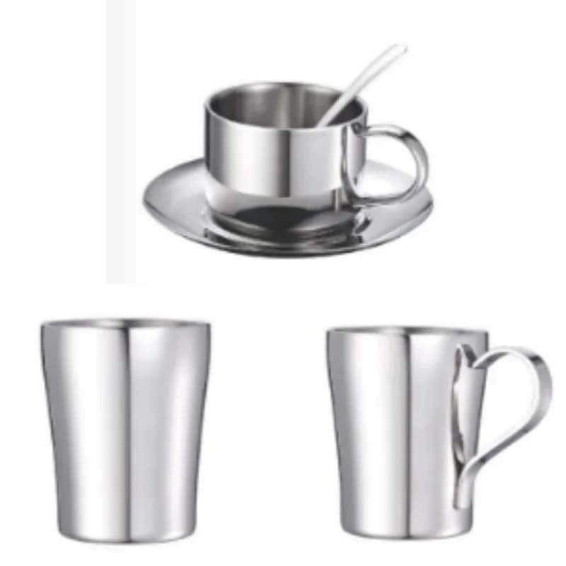 European 304 stainless steel coffee cup thickened round milk tea cup double layer anti-scalding afternoon tea cup saucer