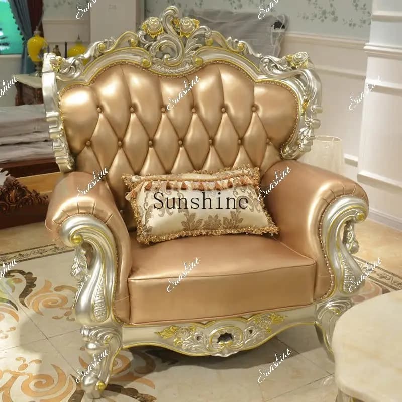 European leather sofa combination solid wood carving flower living room small apartment champagne gold-painted furniture   TF