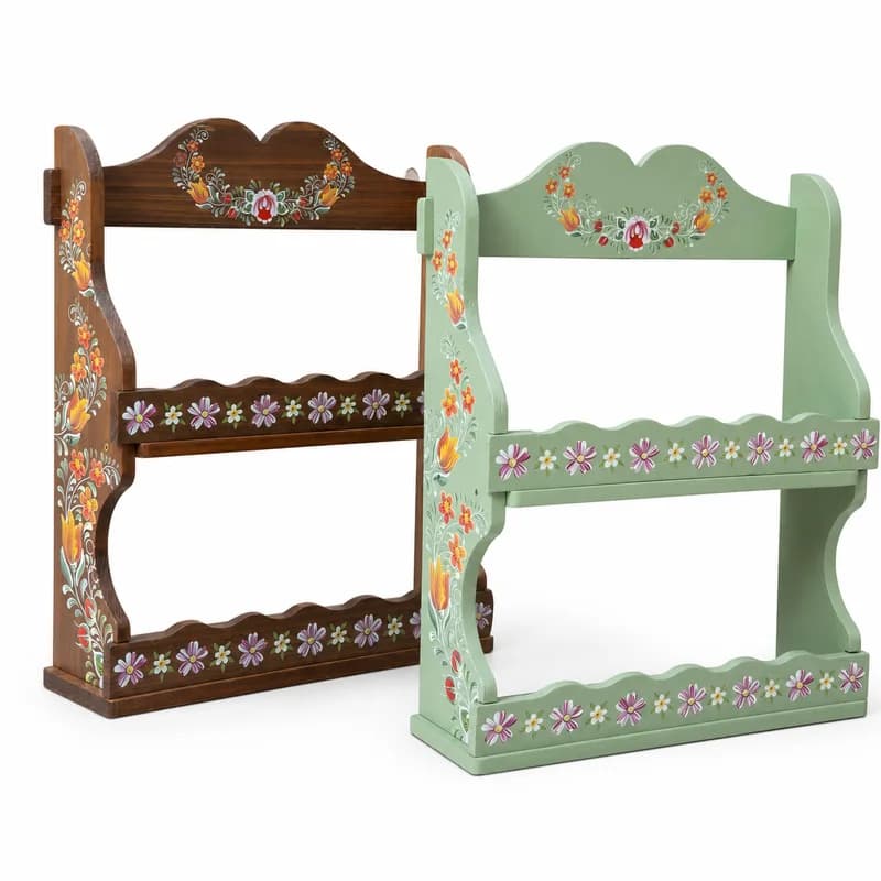 Vintage Wooden Wall Shelf with Hand Painted Flowers, Two Tier Distressed Storage Rack, Farmhouse Organizer for Kitchen Bathrooms