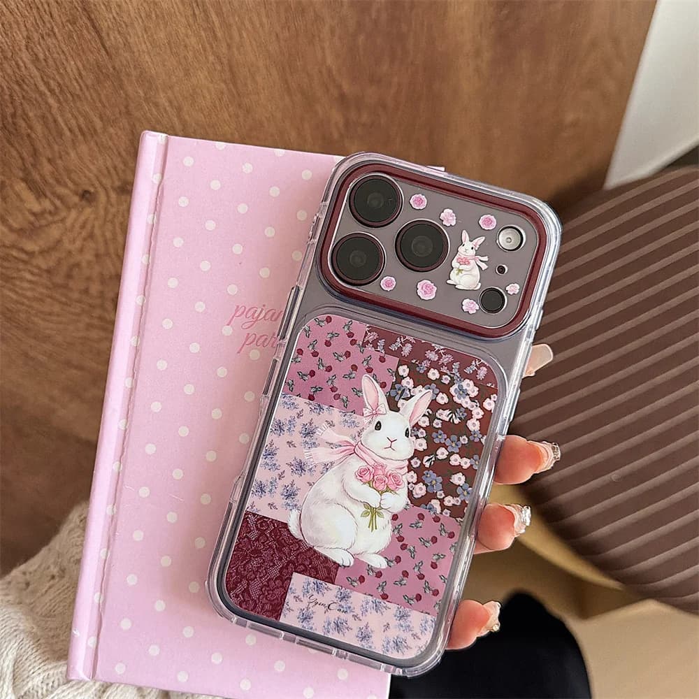 Korea Ins Vintage Patchwork Floral Rabbit Phone Case Cute Bunny Flowers Kawaii Shockproof Cover For iPhone 18 17 16 15 Pro Max