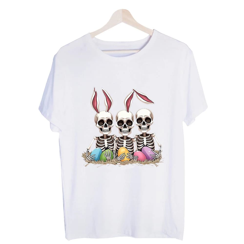 Men's Skeleton Bunnies with Easter Eggs Graphic Tee, Short Sleeve Crew Neck T-Shirt for Casual Spring and Holiday Outfits