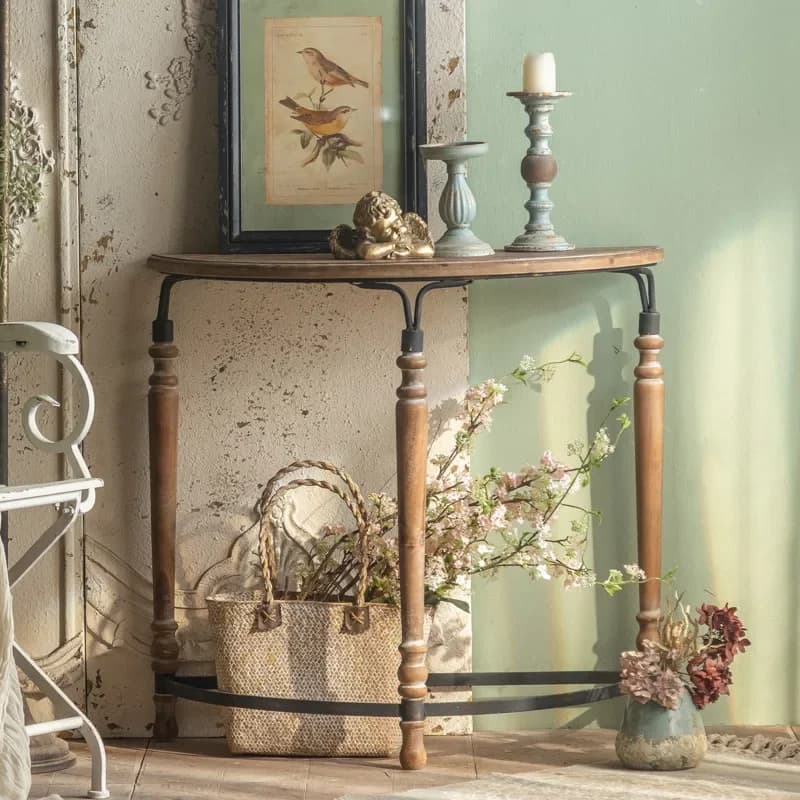 Retro American Iron Art Porch Table Solid Wood Semicircular Hallway Console for Corridor Or Entryway Decorative Furniture