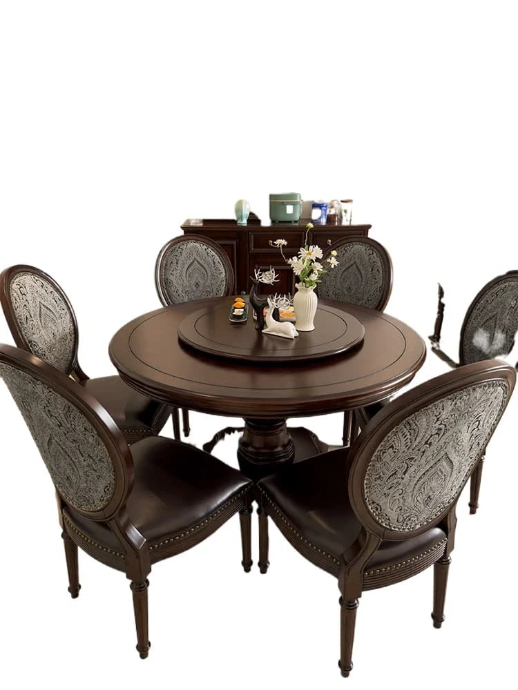 LMMM American retro all-solid wood dining table rotating home 1.3 meters 1.5 meters villa dining table and chairs