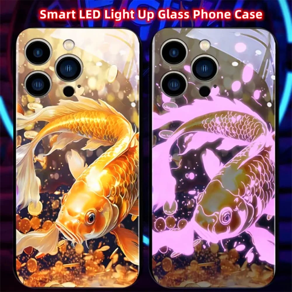 Fortune Golden Koi Fish Sound Control LED Flash Cases Luminous Glass Cover For Samsung S26 S25 S24 S23 S22 S21 S20 FE Plus Ultra