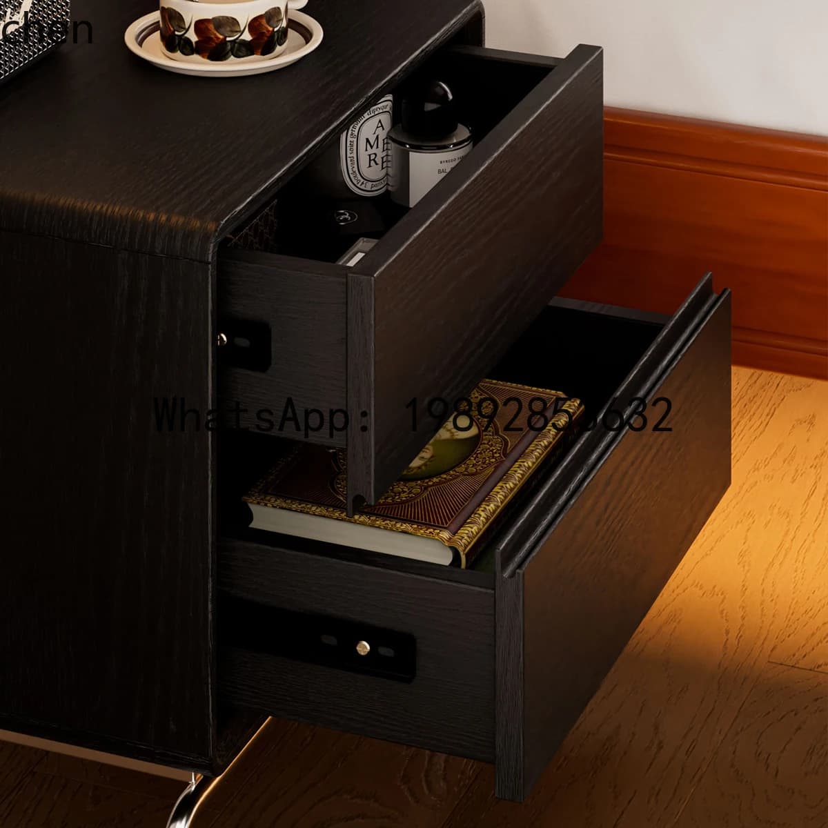retro solid wood bedside table simple modern storage light luxury stainless steel cabinet
