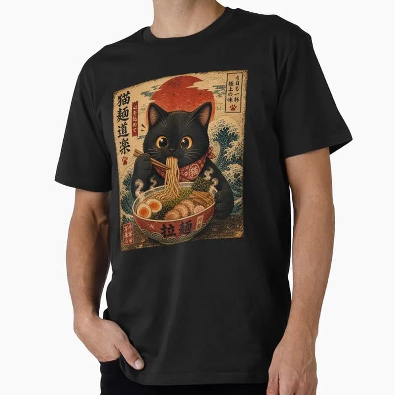 Kawaii Ramen Cat Retro Japanese Noodles Black Cat Gift T Shirt Funny Cat Lover Tee Unisex Party Short Sleeve Cute Tops