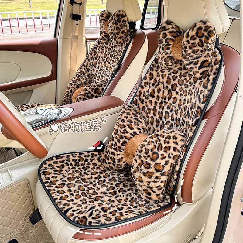 Car Seat Cover Protector Front Rear Back Winter Plush Leopard Print Cushion Pad Mat Sedan Suv Pick-Up Car Interior Accessories