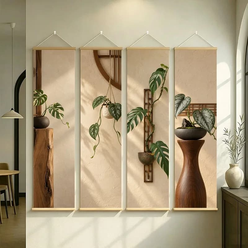 Wall Art Variegated Rhaphidophora and Dragon Tail Vine, Wabi-Sabi Silver Shimmer Canvas Hanging Scroll for Spa Room Decor