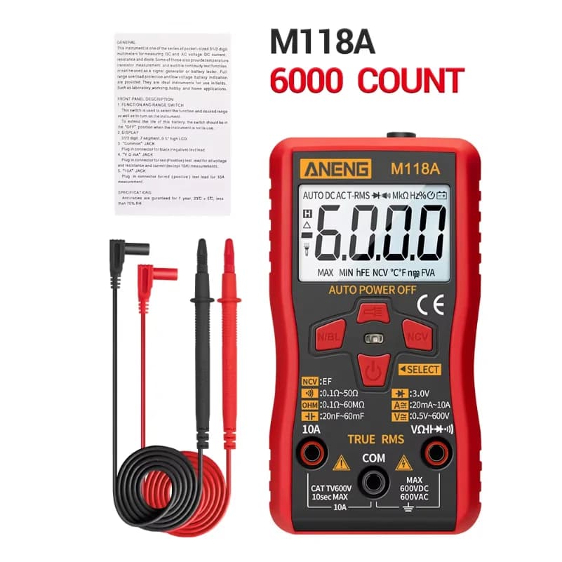 Digital Mini Multimeter Tester Auto Mmultimetro ANENG M118A True Rms Tranistor Meter with NCV Data Hold 6000counts Flashlight