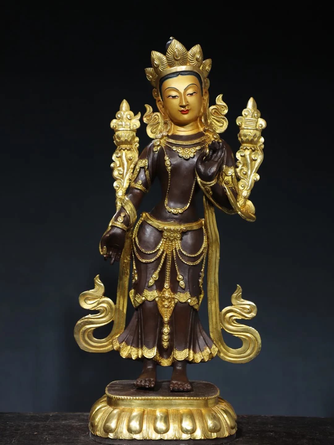 20"Tibetan Temple Collection Old Bronze Gilded Cinnabar Dance Goddess Green Tara Station Buddha Lotus Terrace Worship Hall