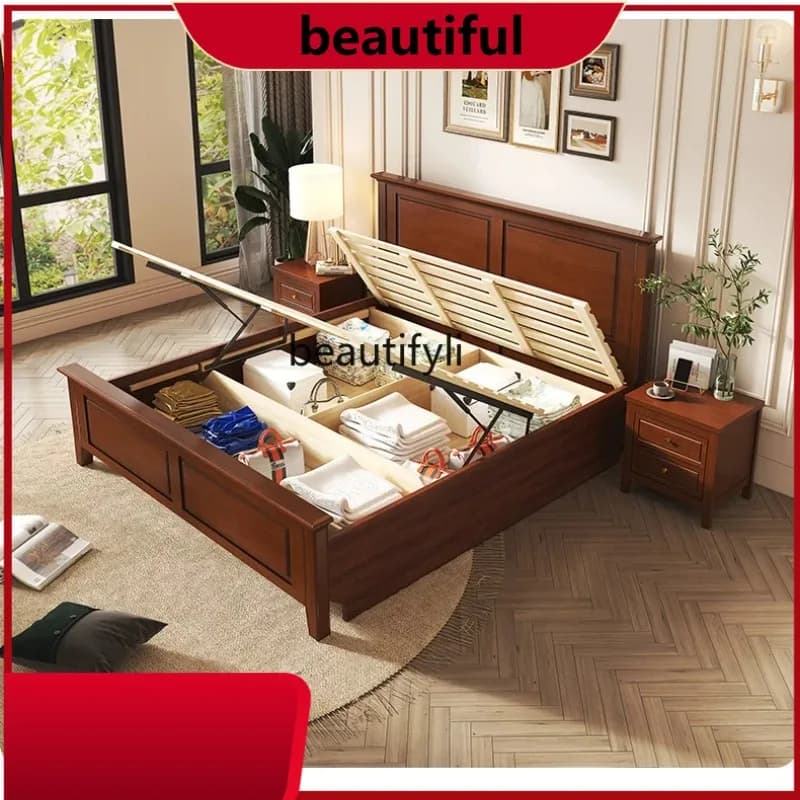 American all solid wood, simple double bed, retro master bedroom, wedding bed, storage, bed and breakfast H
