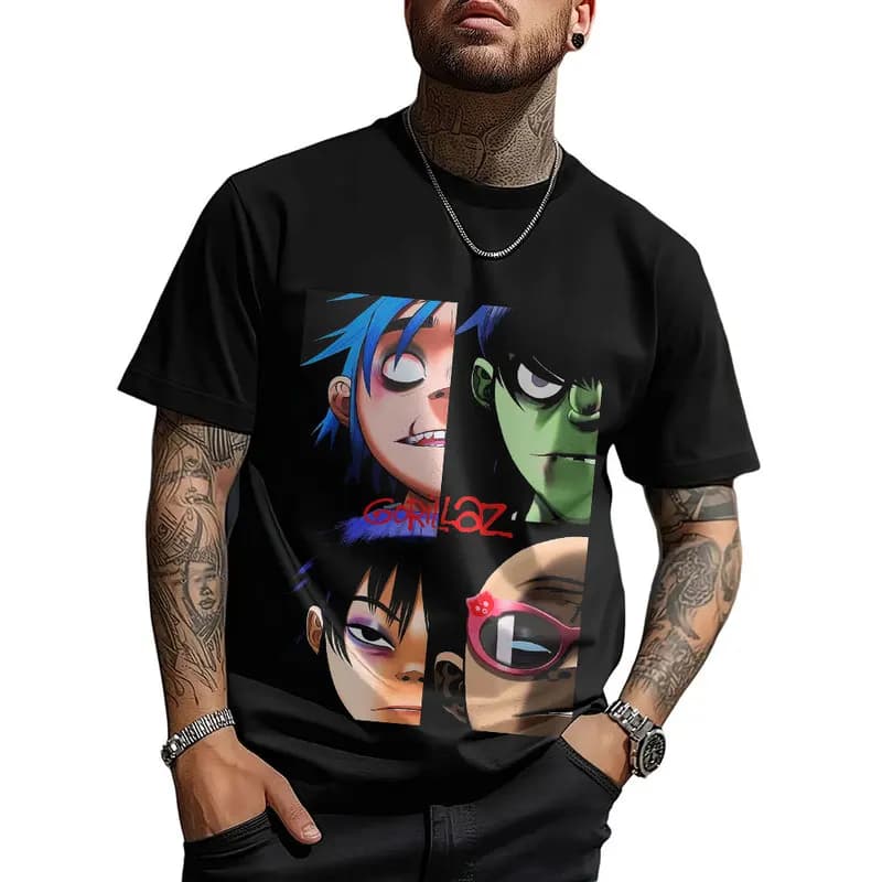 Gorillaz Virtual Rock Band Graphic T‑shirt Unisex Vintage Y2K Tee Hip Hop Streetwear 0824 Casual Cotton Tops S-6XL Fan Gift