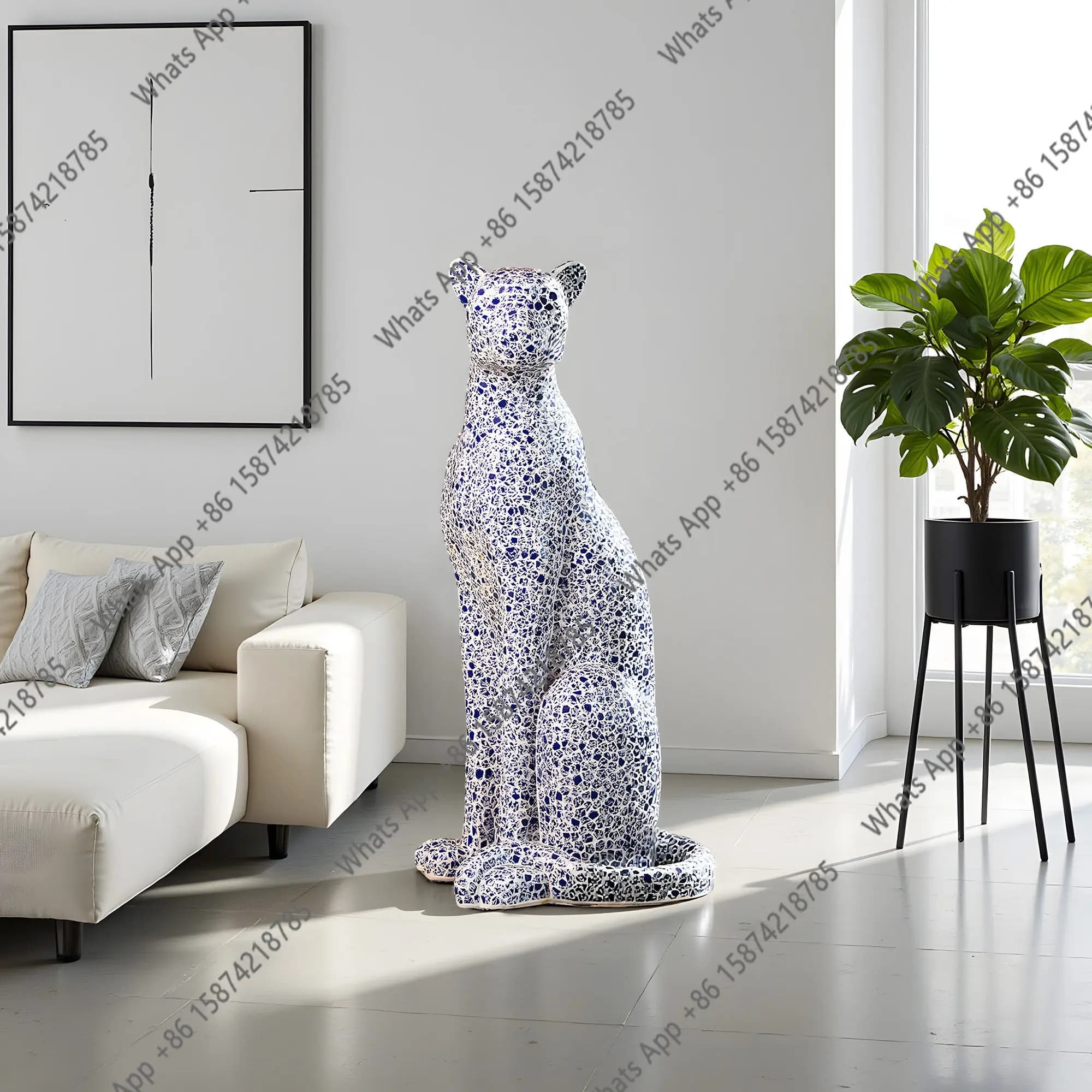 Mosaic blue and white porcelain handmade patch decoration living room entrance ornament large leopard