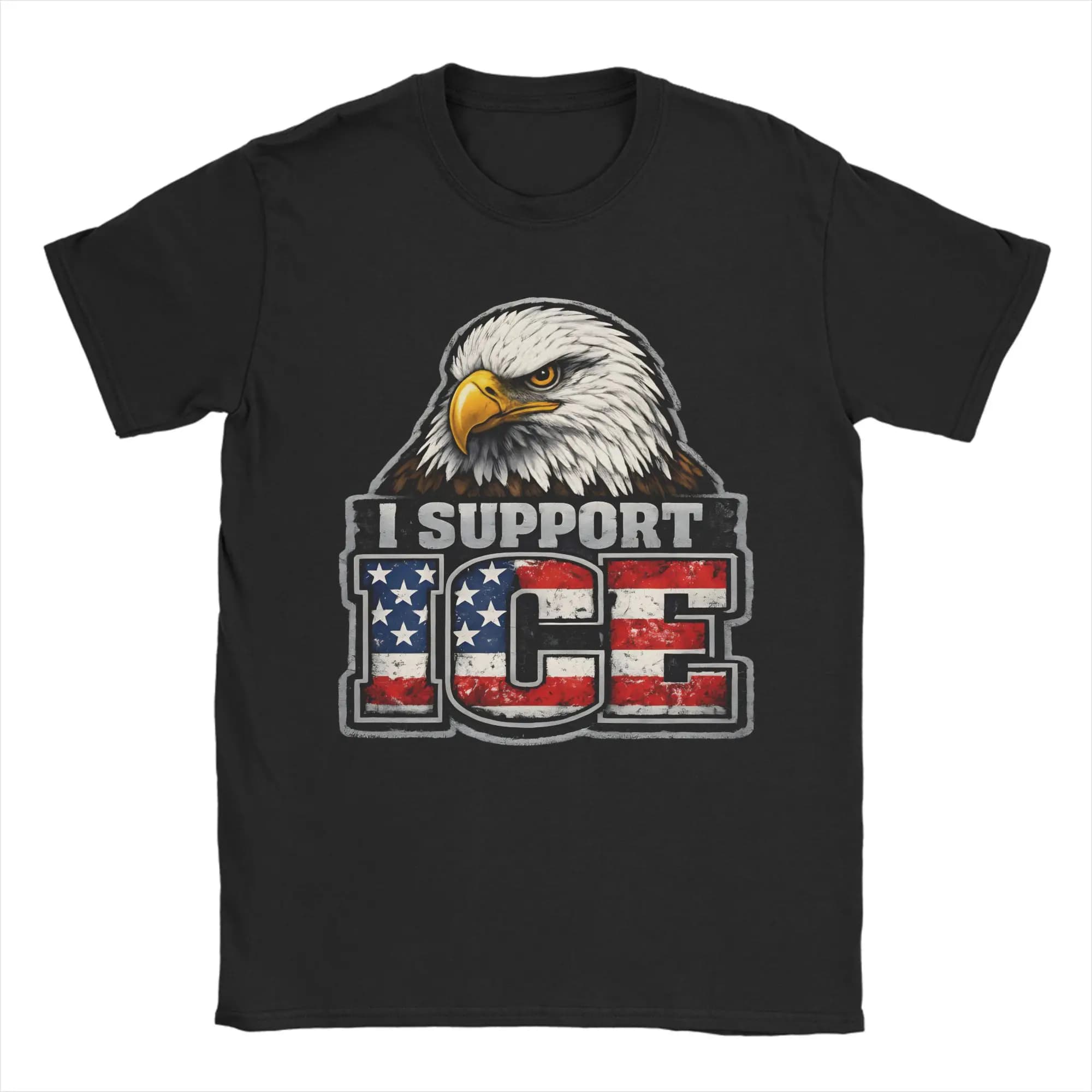 Men T-Shirts I Support ICE Patriotic American Flag Bald Eagle Novelty Pure Cotton Tees Short Sleeve  T Shirt O Neck Clothes Gift