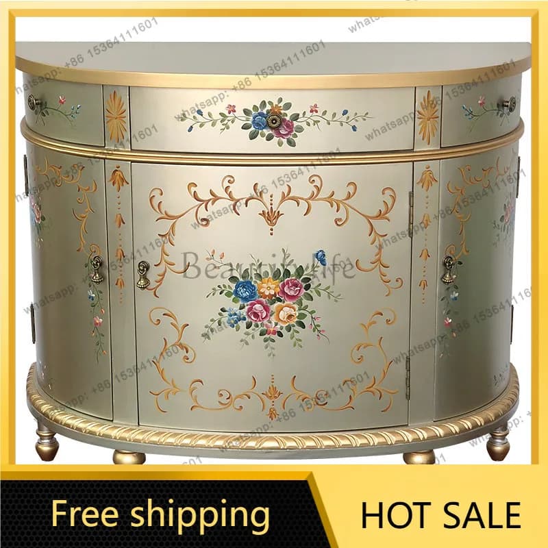 XX. American retro painted foyer entrance cabinet New Chinese style semi-circular storage decorative cabinet against the wall