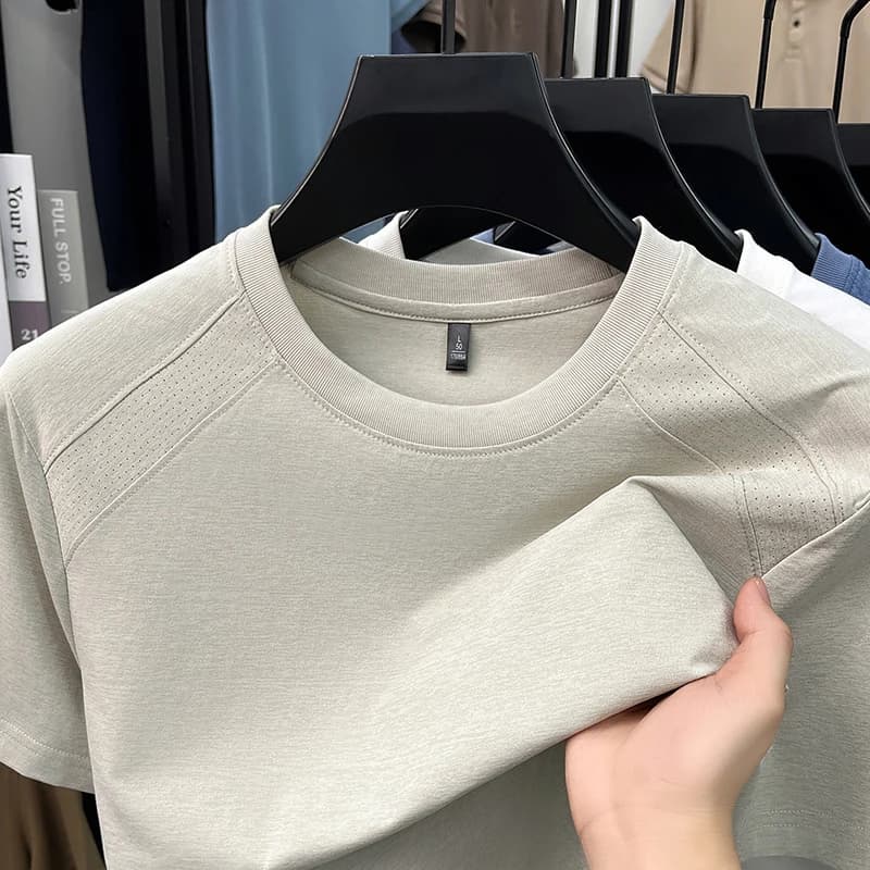 2026 Summer New Style Men's Quick-Drying Mesh Fabric Round-neck Plaid Short-Sleeved Casual Breathable Base Shirt Loose T-Shirt