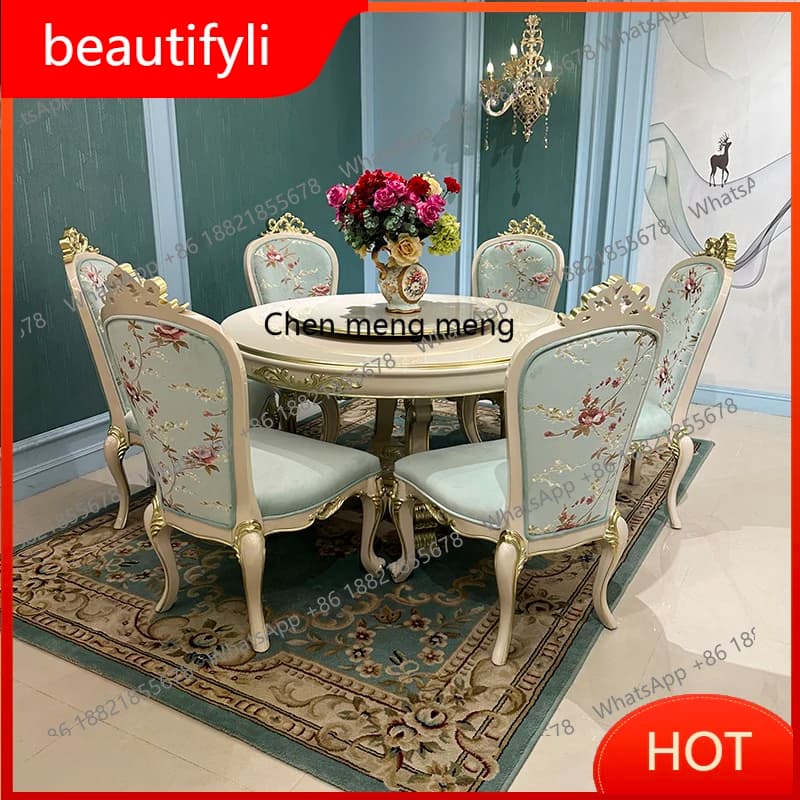 C456 Dining table and chair combination European luxury solid wood round dining table with turntable carved restaurant home