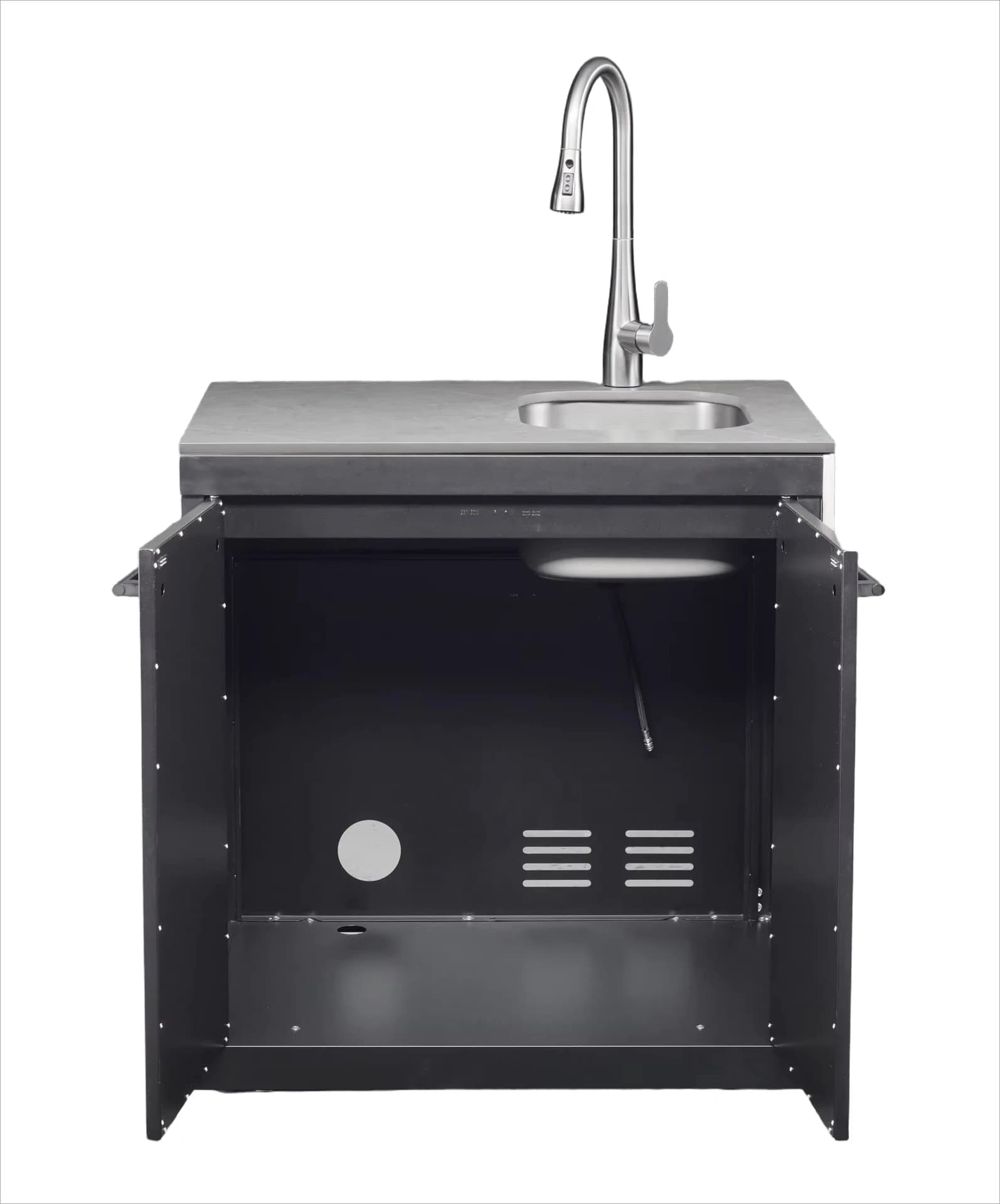 Black Marble Double Bowl Outdoor Kitchen Faucet with Custom Color 4-Wheeled Movable Design 304 Stainless Steel Modern Style