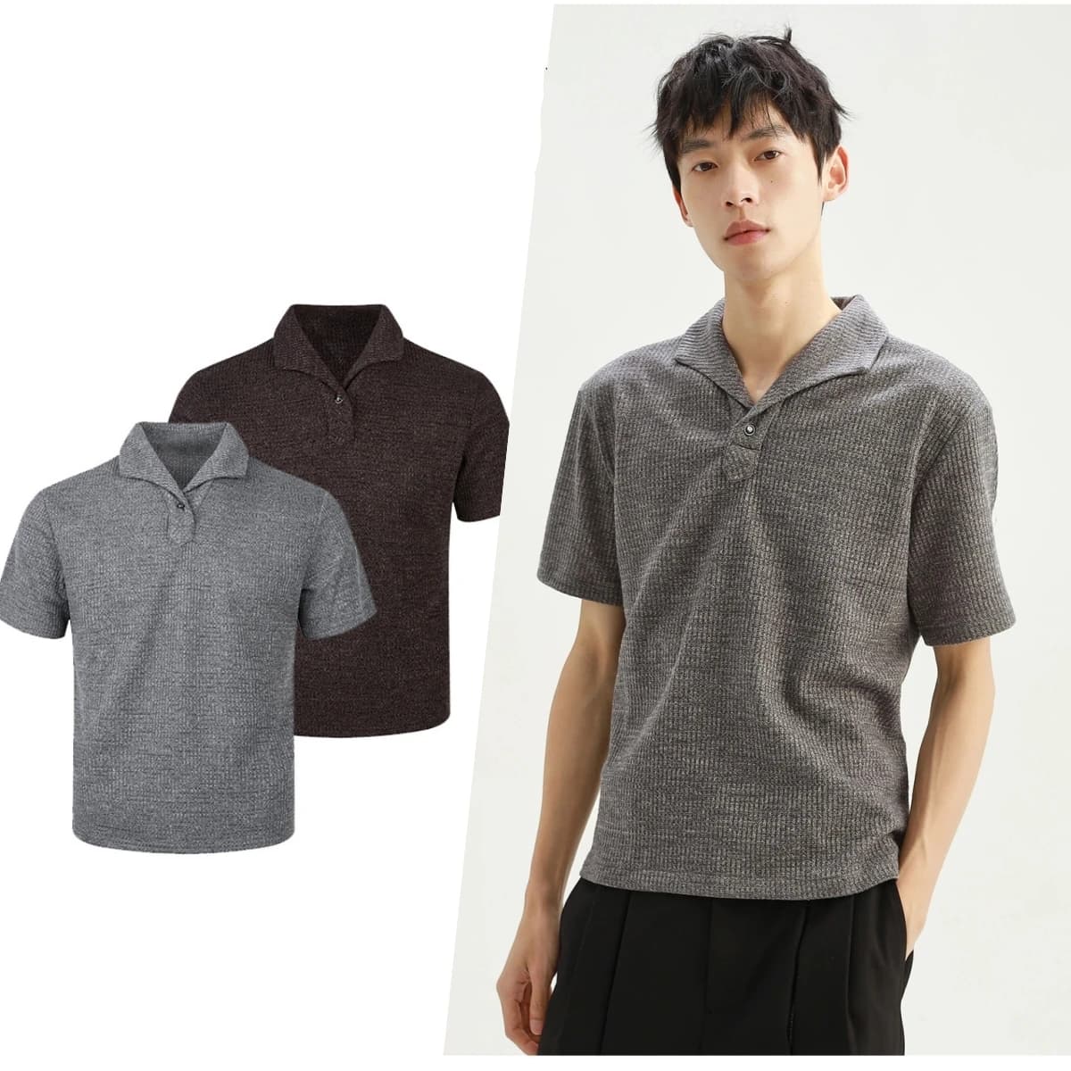 male shirts men's polo shirts Roman grid Italian style one piece collar cat eye gemstone buckle