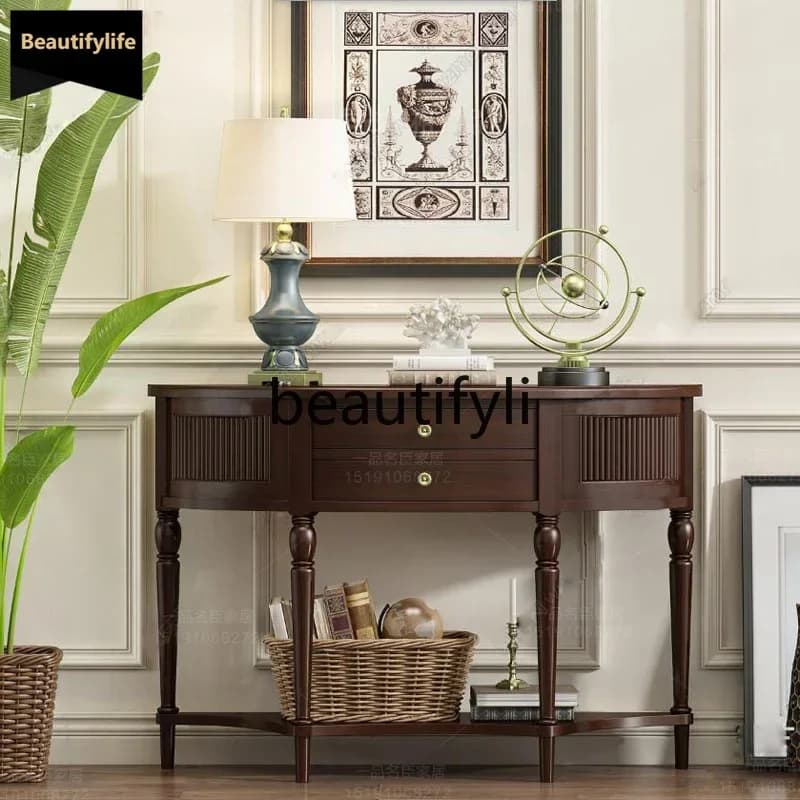 D80 American solid wood semicircular entrance cabinet French retro sofa back table living room decoration display cabinet lll