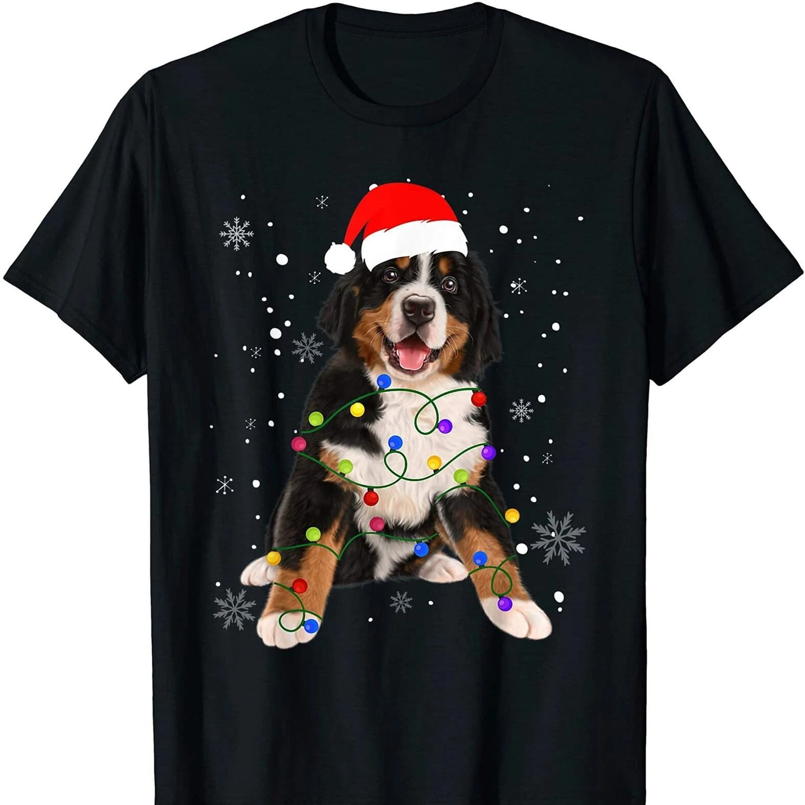 Funny Bernese Mountain Dog Christmas Lights Xmas Gift Mens T Shirt New 100% Cotton Short Sleeve O-Neck T-shirt Casual Unisex Top