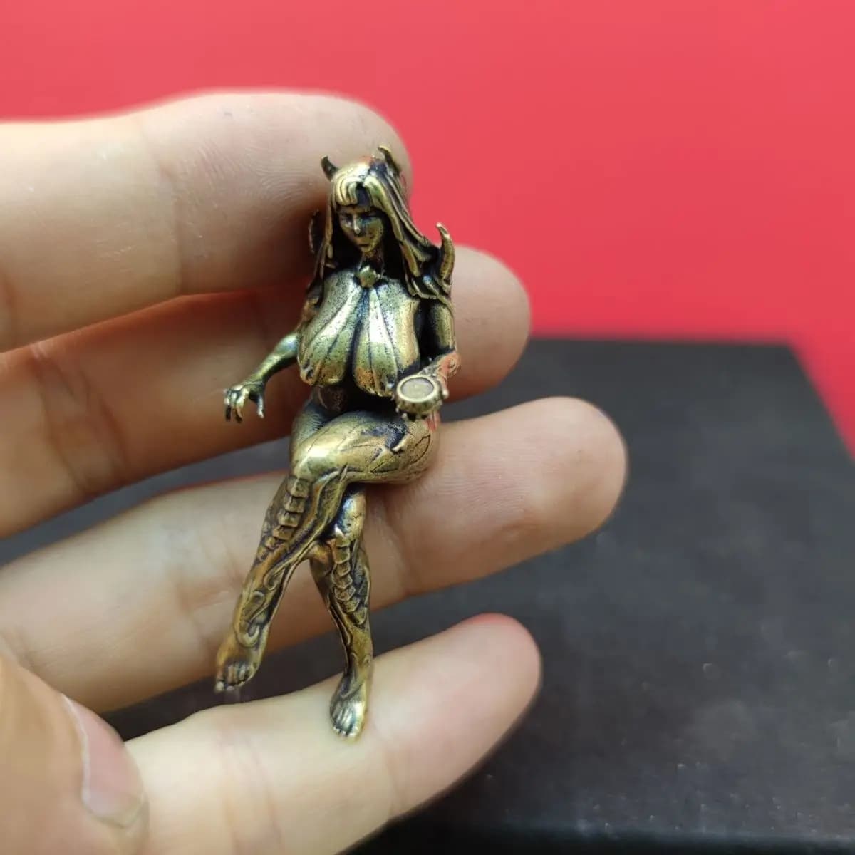 Vintage Brass Gothic Lolita Girl Figurine, Sitting Pose Mini Statue, Handcrafted Desktop Decor, Cute Collectible Gift