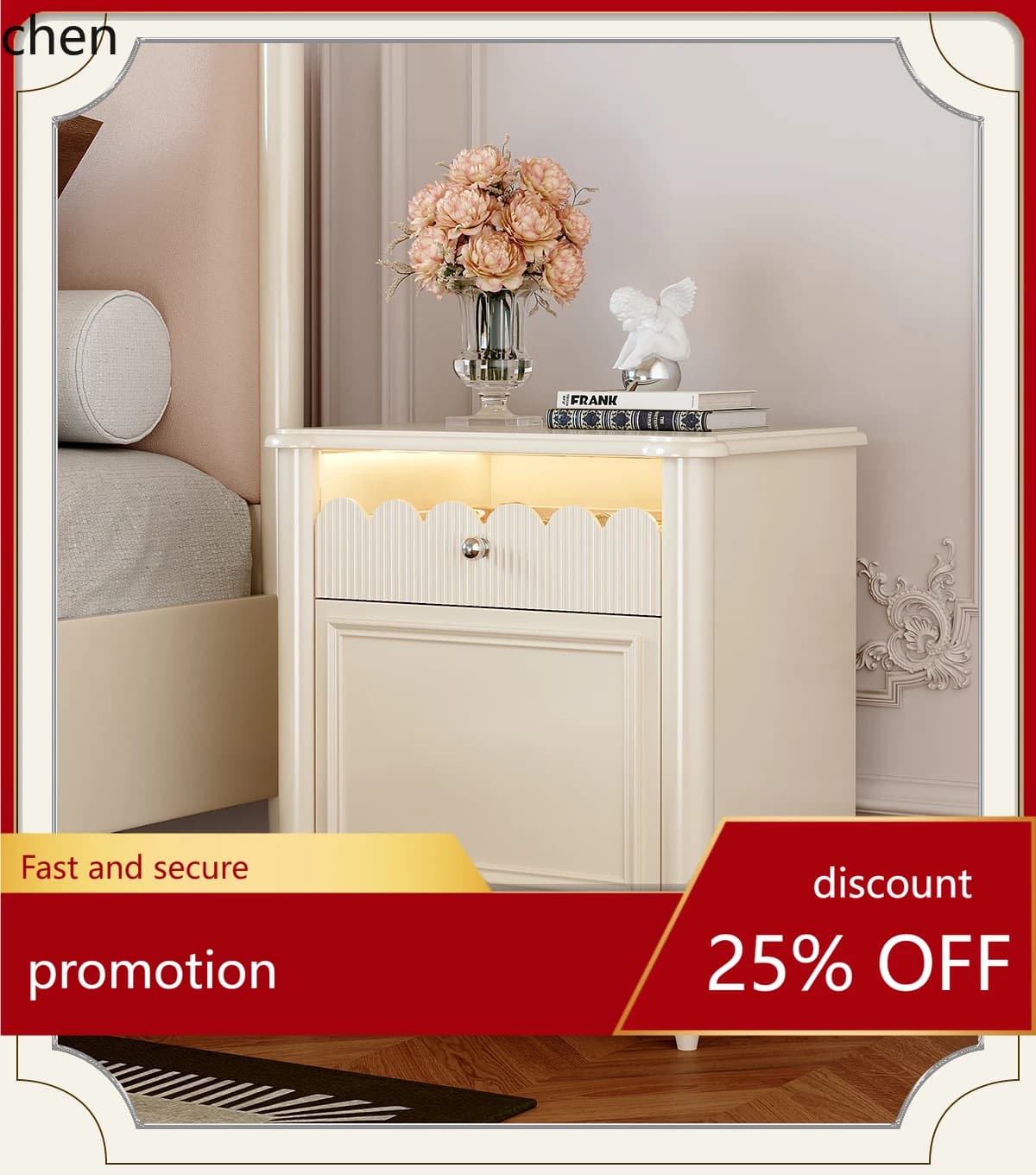 HT Solid Wood Bedside Table Bedroom Cream Style Niche Bedside Cabinet Storage Cabinet New Model