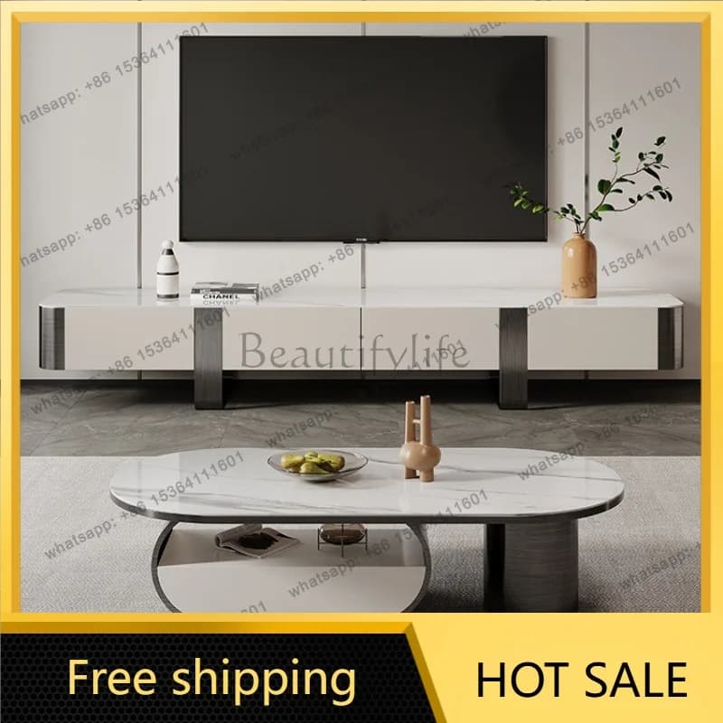 LS Italian light luxury stainless steel rock plate coffee table household modern simple oval living room coffee table